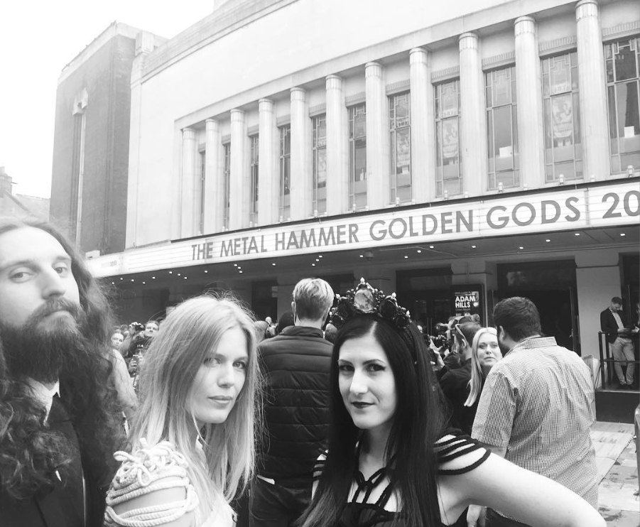 Schoolcraft (Cradle of Filth) & Myrkur both looking amazing dressed in german brand ROHMY Couture at Metal Hammer Golden Gods Awards 2016! Lindsays Headpiece is by Hysteria Machine