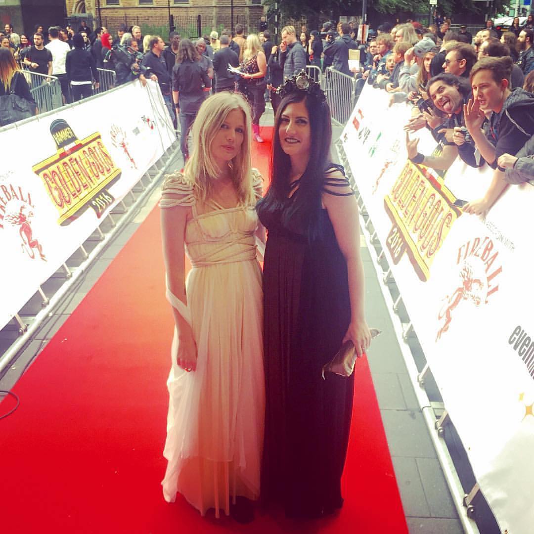 Schoolcraft (Cradle of Filth) & Myrkur both looking amazing dressed in german brand ROHMY Couture at Metal Hammer Golden Gods Awards 2016! Lindsays Headpiece is by Hysteria Machine
