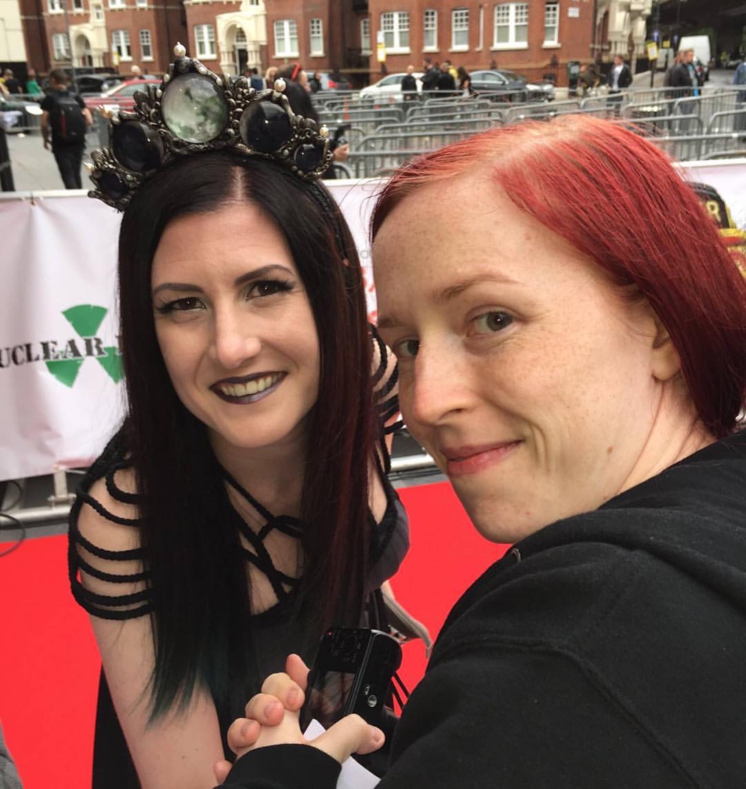 Schoolcraft (Cradle of Filth) & Myrkur both looking amazing dressed in german brand ROHMY Couture at Metal Hammer Golden Gods Awards 2016! Lindsays Headpiece is by Hysteria Machine